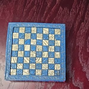 Handcrafted Blue and Cream Travel Chess and Checkers Set